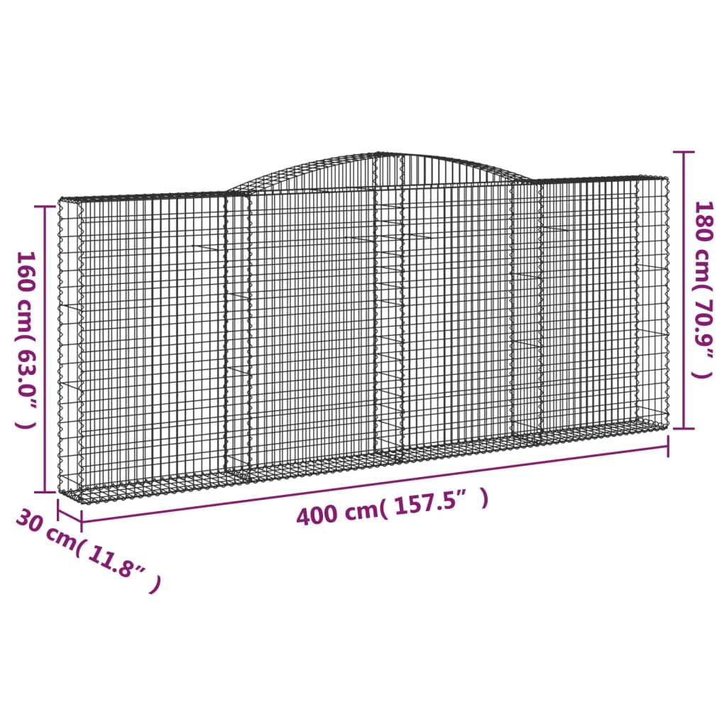 Klenutý gabionový koš 400 x 30 x 160/180 cm pozinkované železo