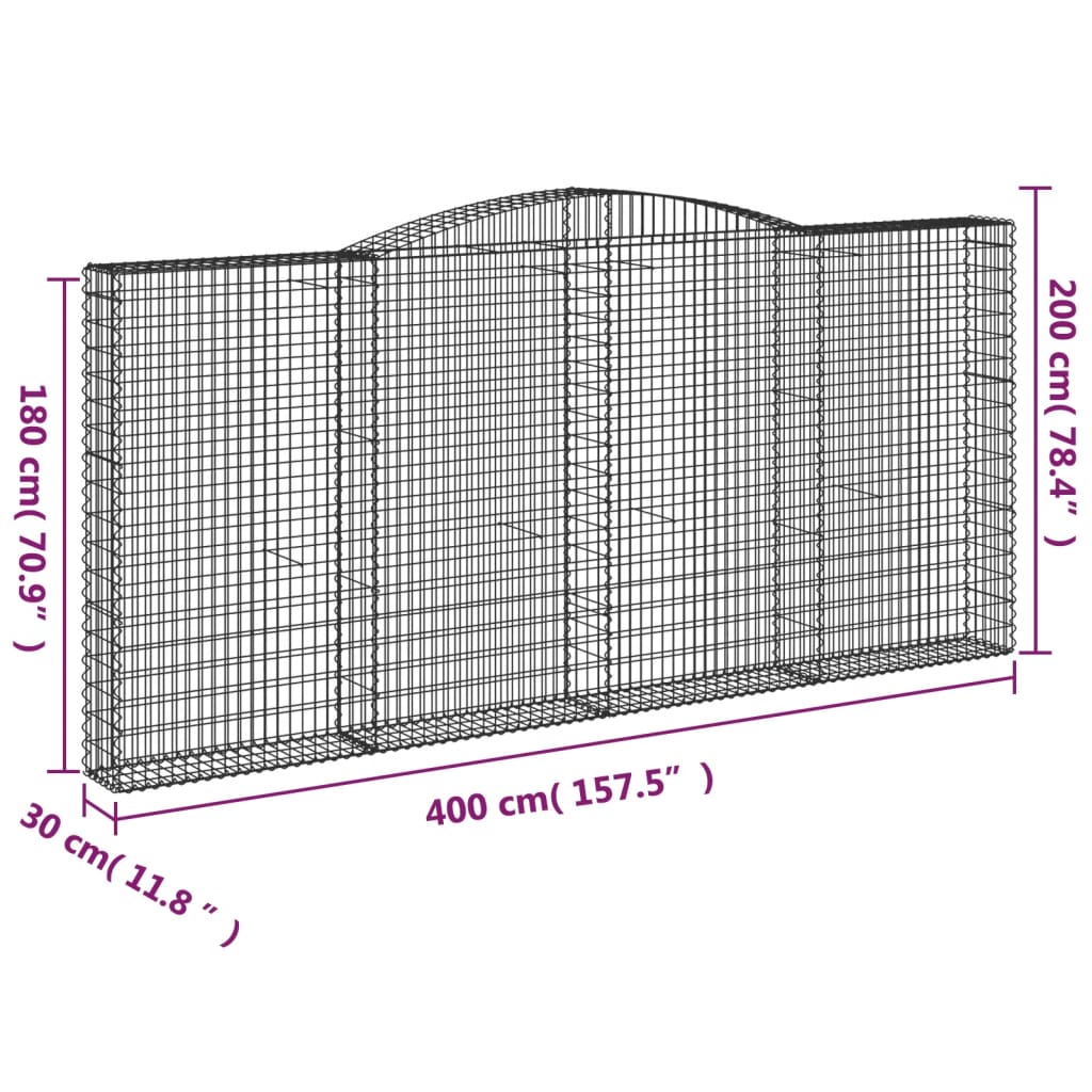 Klenutý gabionový koš 400 x 30 x 180/200 cm pozinkované železo