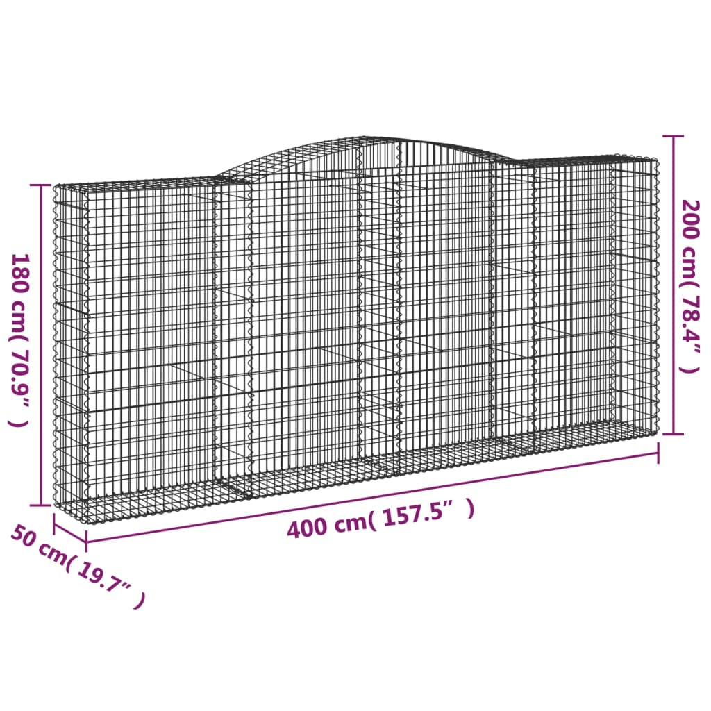 Klenutý gabionový koš 400 x 50 x 180/200 cm pozinkované železo