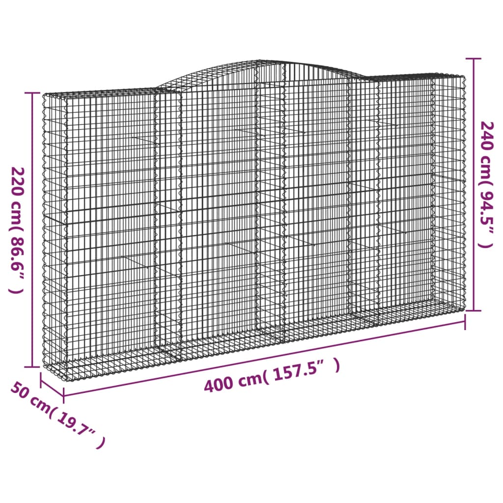 Klenutý gabionový koš 400 x 50 x 220/240 cm pozinkované železo