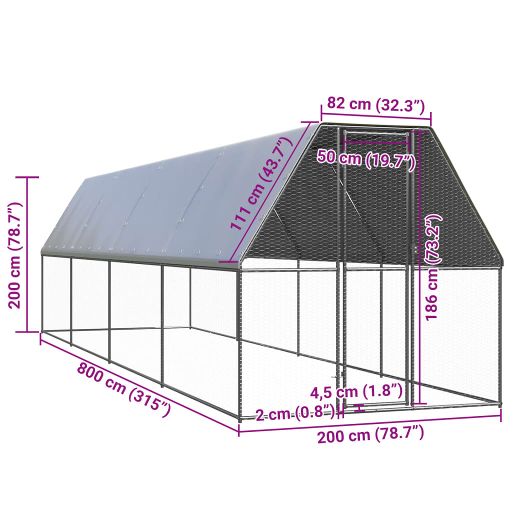 Venkovní klec pro kuřata 2x8x2 m pozinkovaná ocel