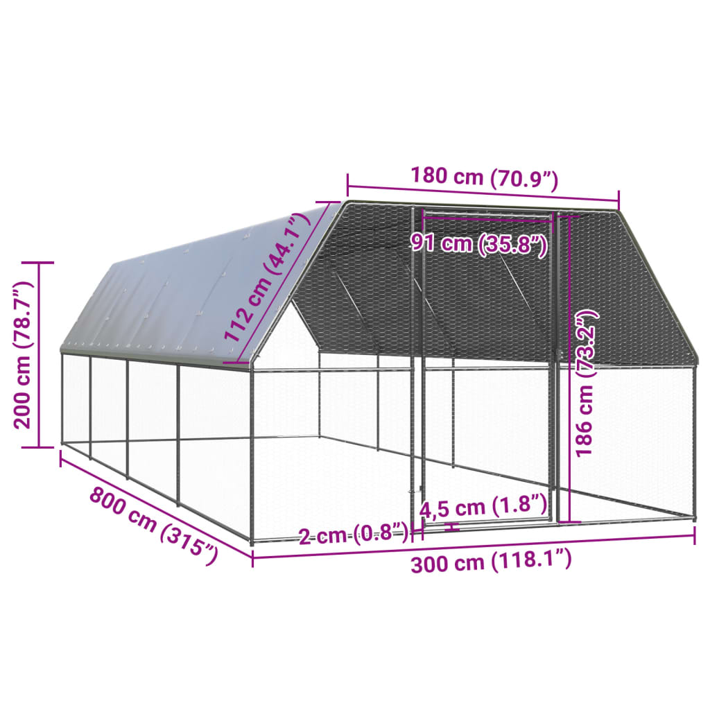 Venkovní klec pro kuřata 3 x 8 x 2 m pozinkovaná ocel