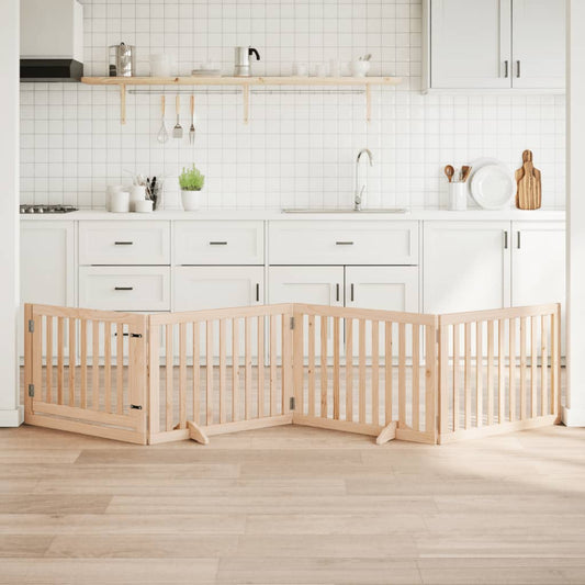 Psí branka s dvířky, skládací, 4 panely, 320 cm, topolové dřevo