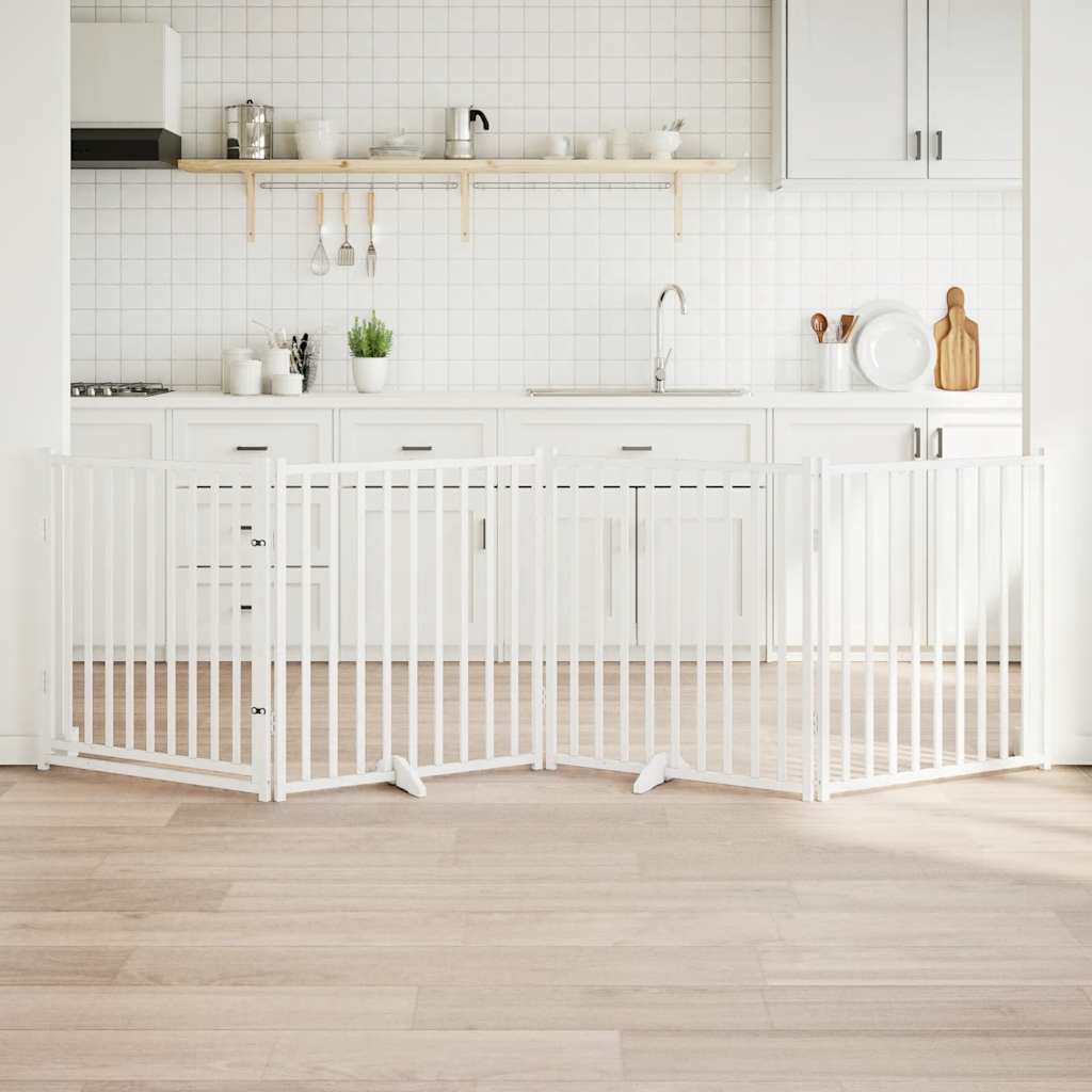 Zábrana pro psy s dvířky skládací 4 panely bílá 320 cm jedle