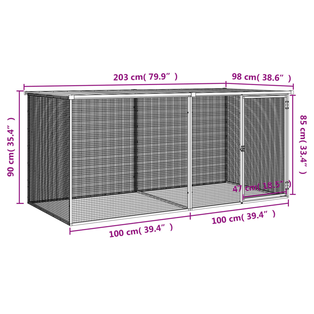 Klec pro kuřata se střechou světle šedá 203 x 98 x 90 cm pozinkovaná ocel