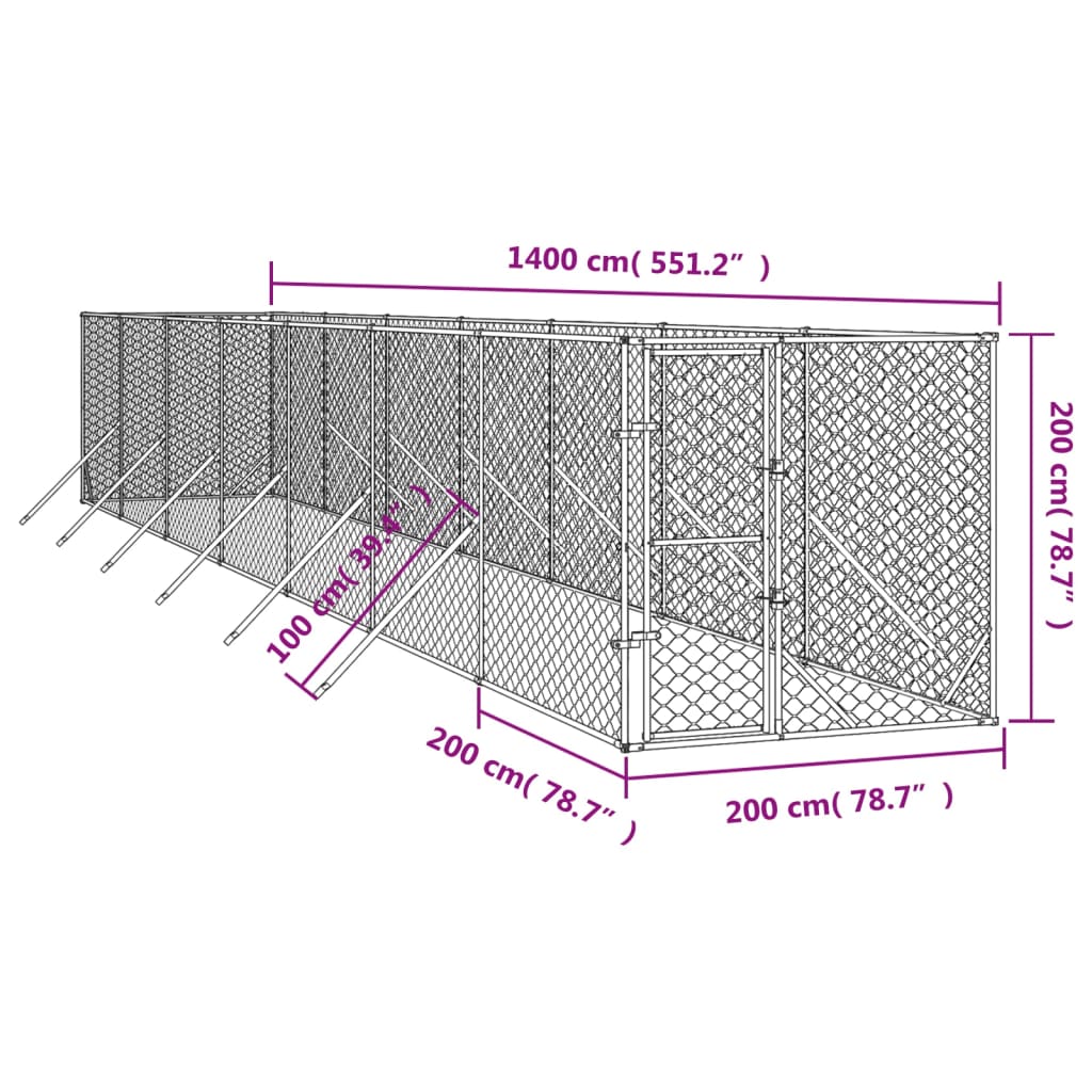 Venkovní psí kotec stříbrný 2 x 14 x 2 m pozinkovaná ocel