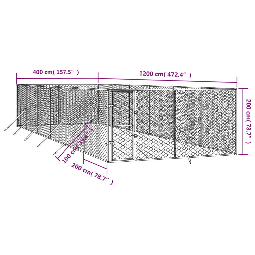 Venkovní psí kotec stříbrný 4 x 12 x 2 m pozinkovaná ocel