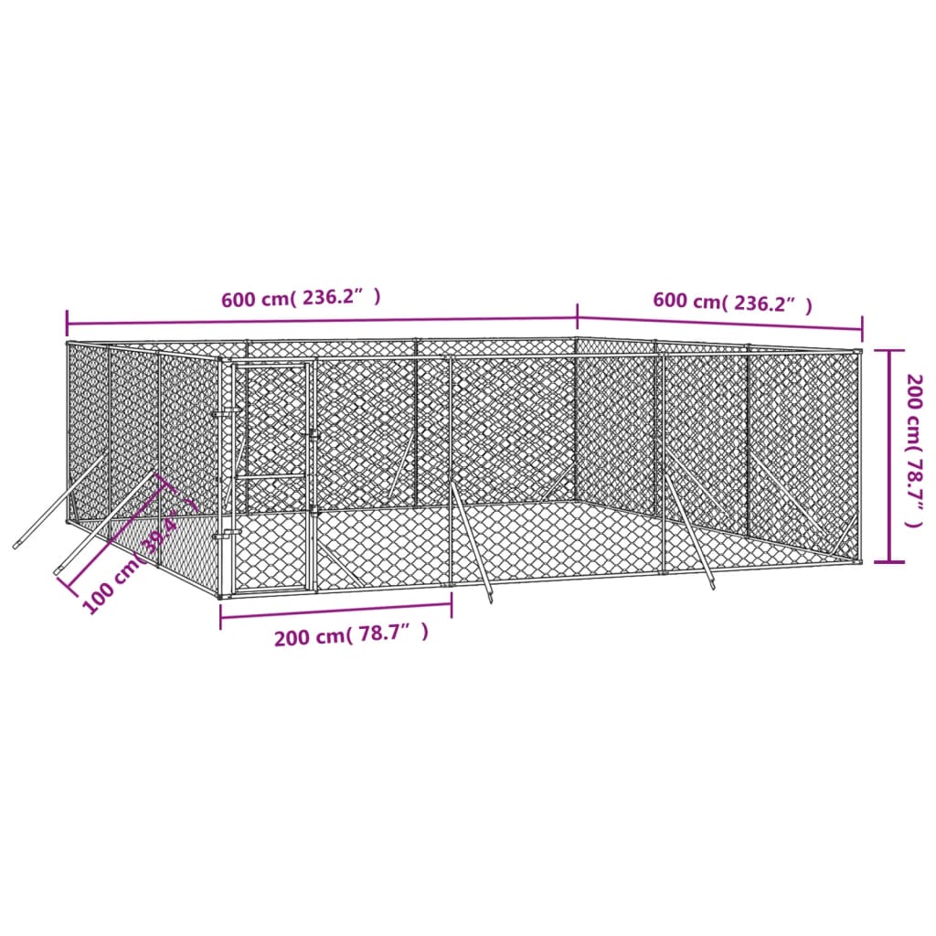 Venkovní psí kotec stříbrný 6 x 6 x 2 m pozinkovaná ocel