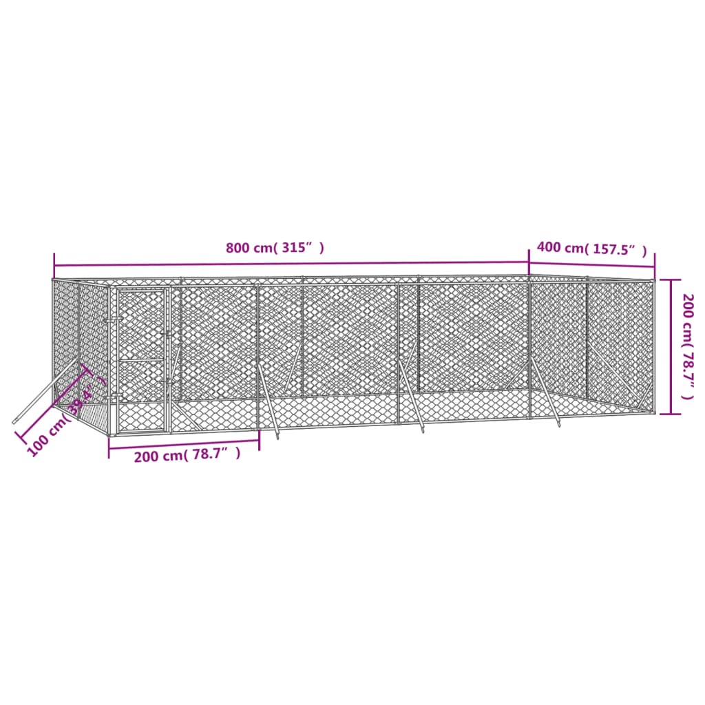 Venkovní psí kotec stříbrný 8 x 4 x 2 m pozinkovaná ocel