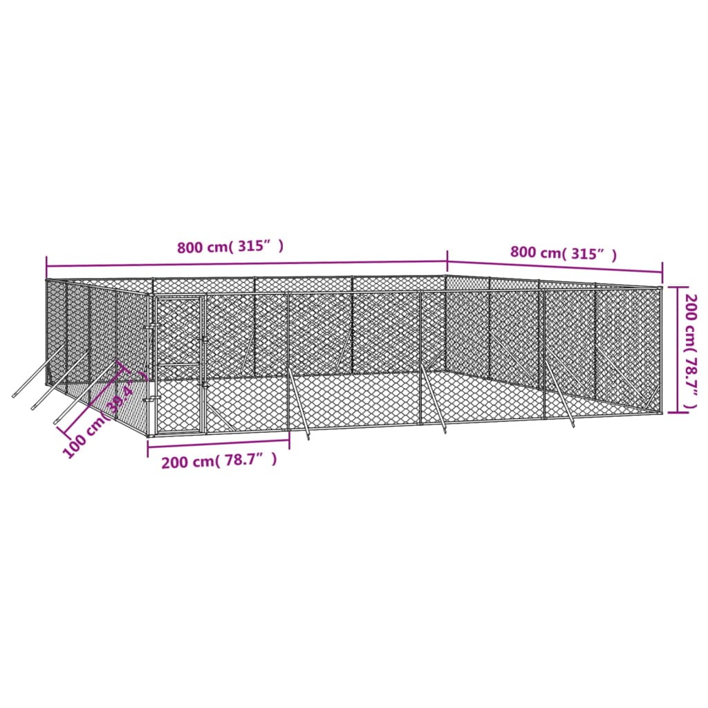 Venkovní psí kotec stříbrný 8 x 8 x 2 m pozinkovaná ocel