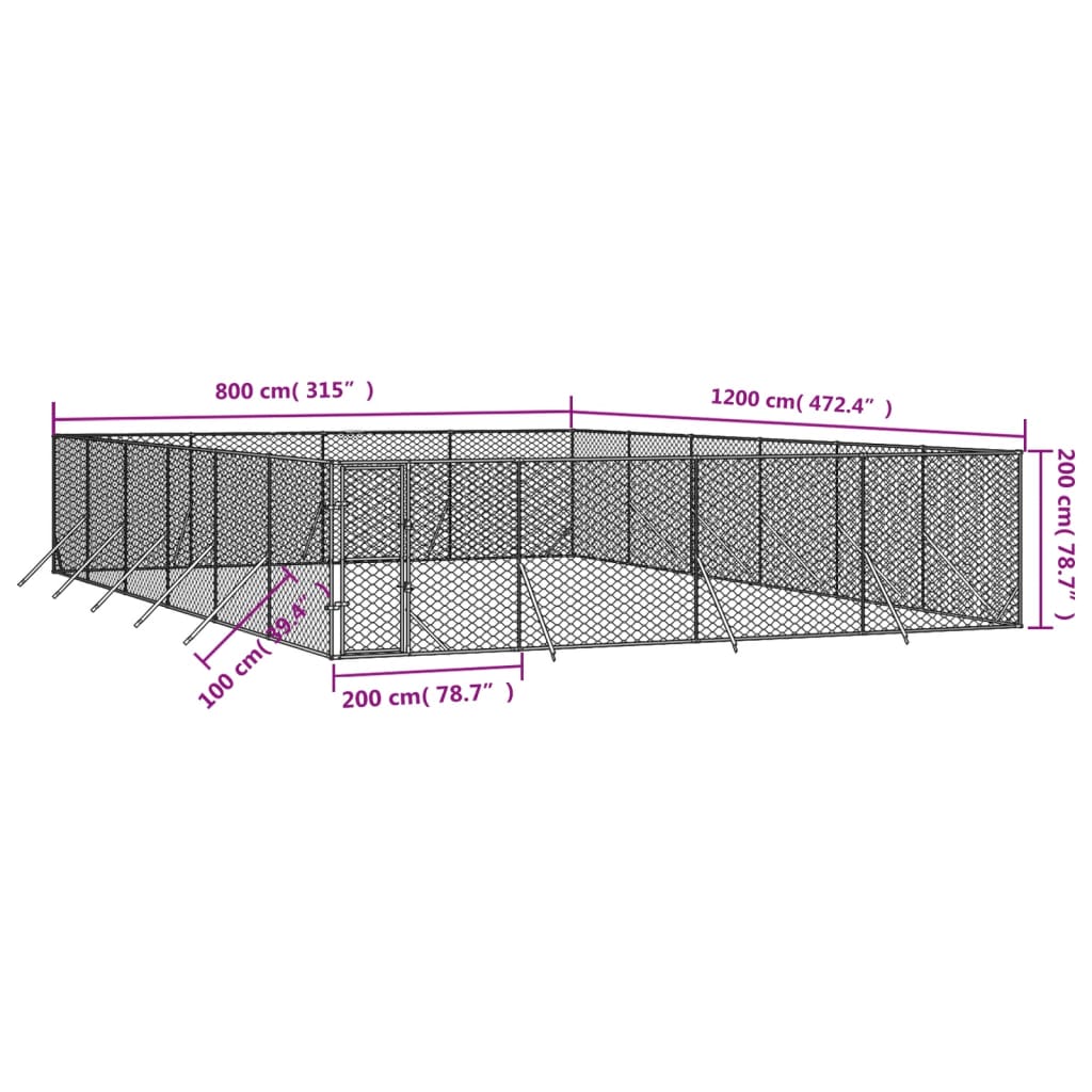 Venkovní psí kotec stříbrný 8 x 12 x 2 m pozinkovaná ocel