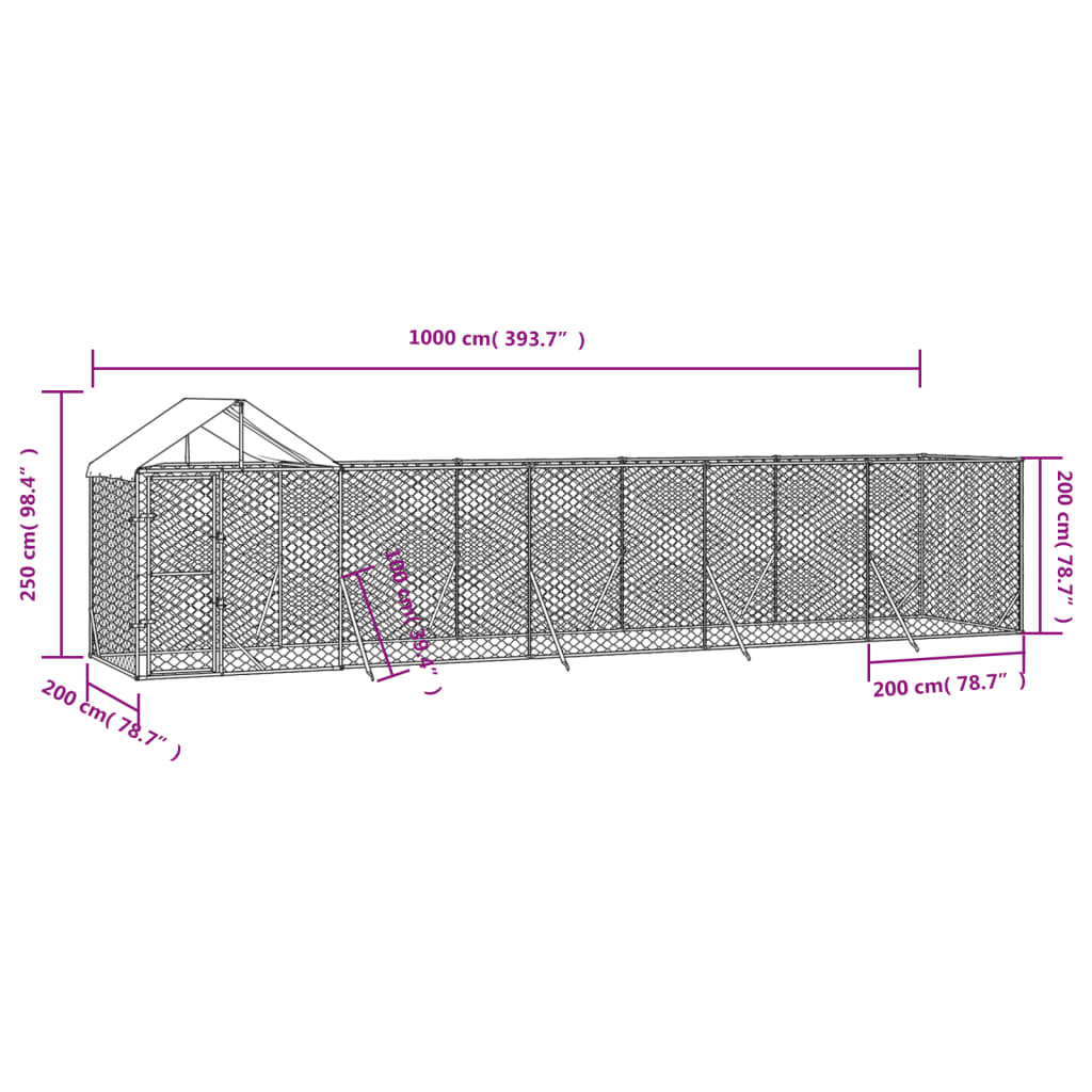 Venkovní psí kotec se střechou stříbrný 10 x 2 x 2,5 m ocel