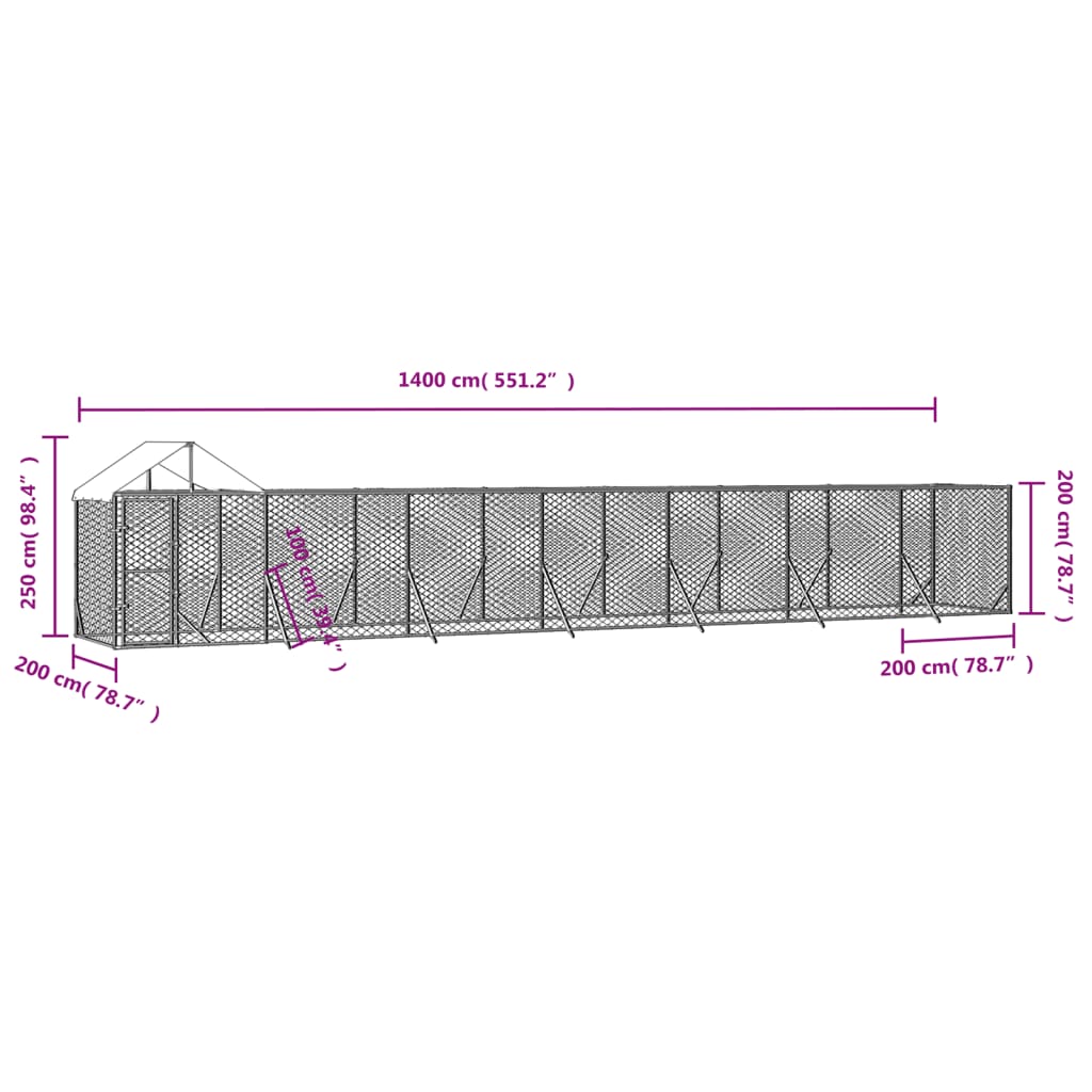 Venkovní psí kotec se střechou stříbrný 14 x 2 x 2,5 m ocel