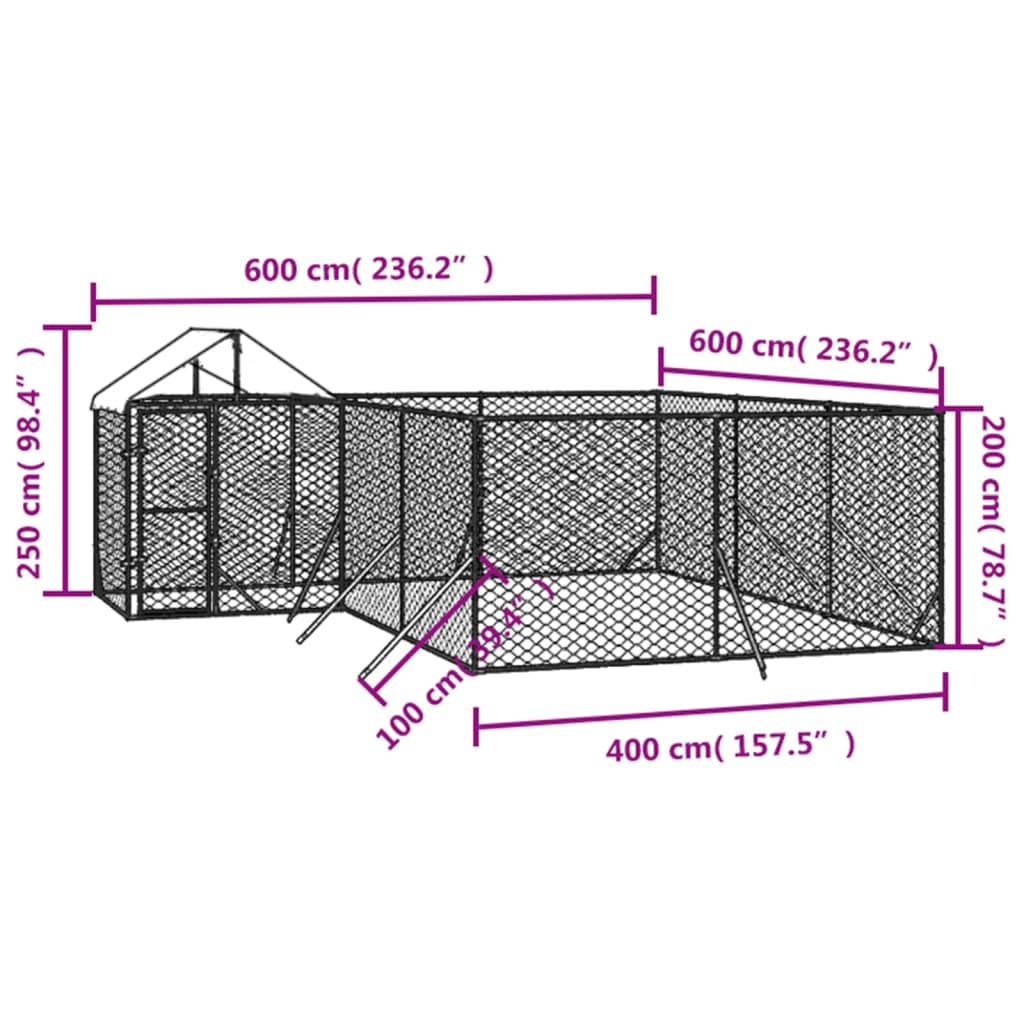 Venkovní psí kotec se střechou stříbrný 6 x 6 x 2,5 m ocel