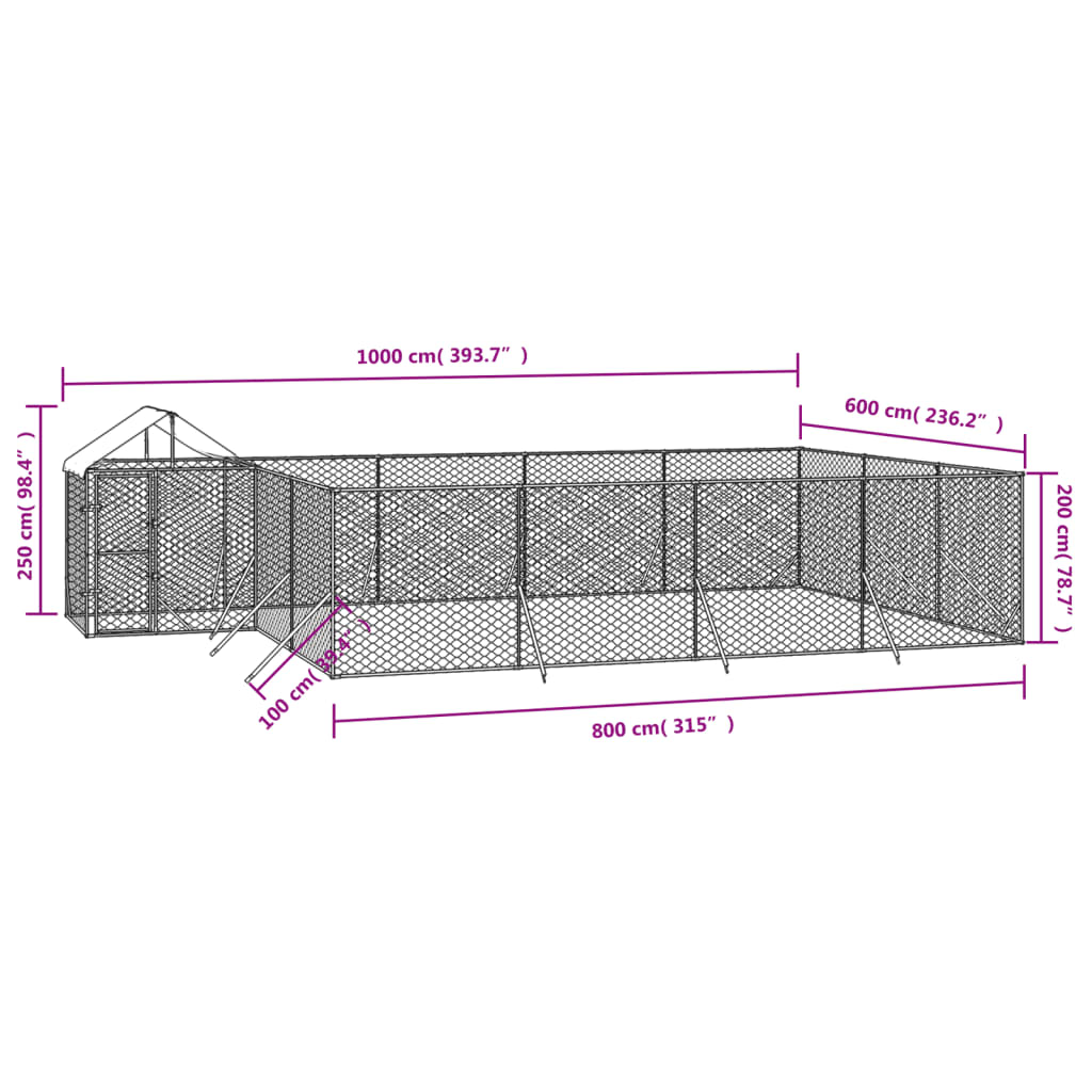 Venkovní psí kotec se střechou stříbrný 10 x 6 x 2,5 m ocel