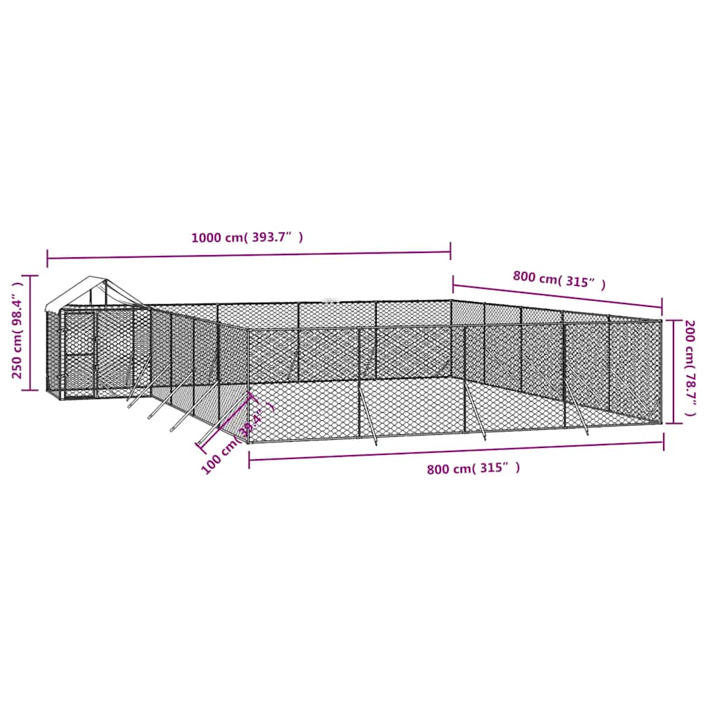 Venkovní psí kotec se střechou stříbrný 10 x 8 x 2,5 m ocel