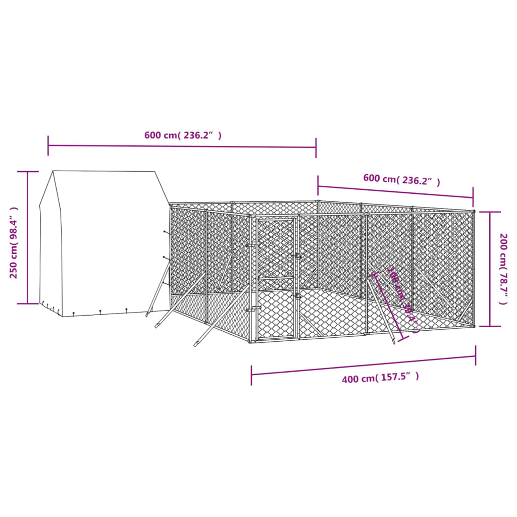 Venkovní psí kotec se střechou stříbrný 6 x 6 x 2,5 m ocel