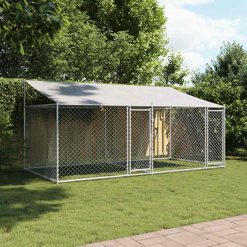 Klec pro psy se střechou a dvířky šedá 4x2x2 m pozinkovaná ocel