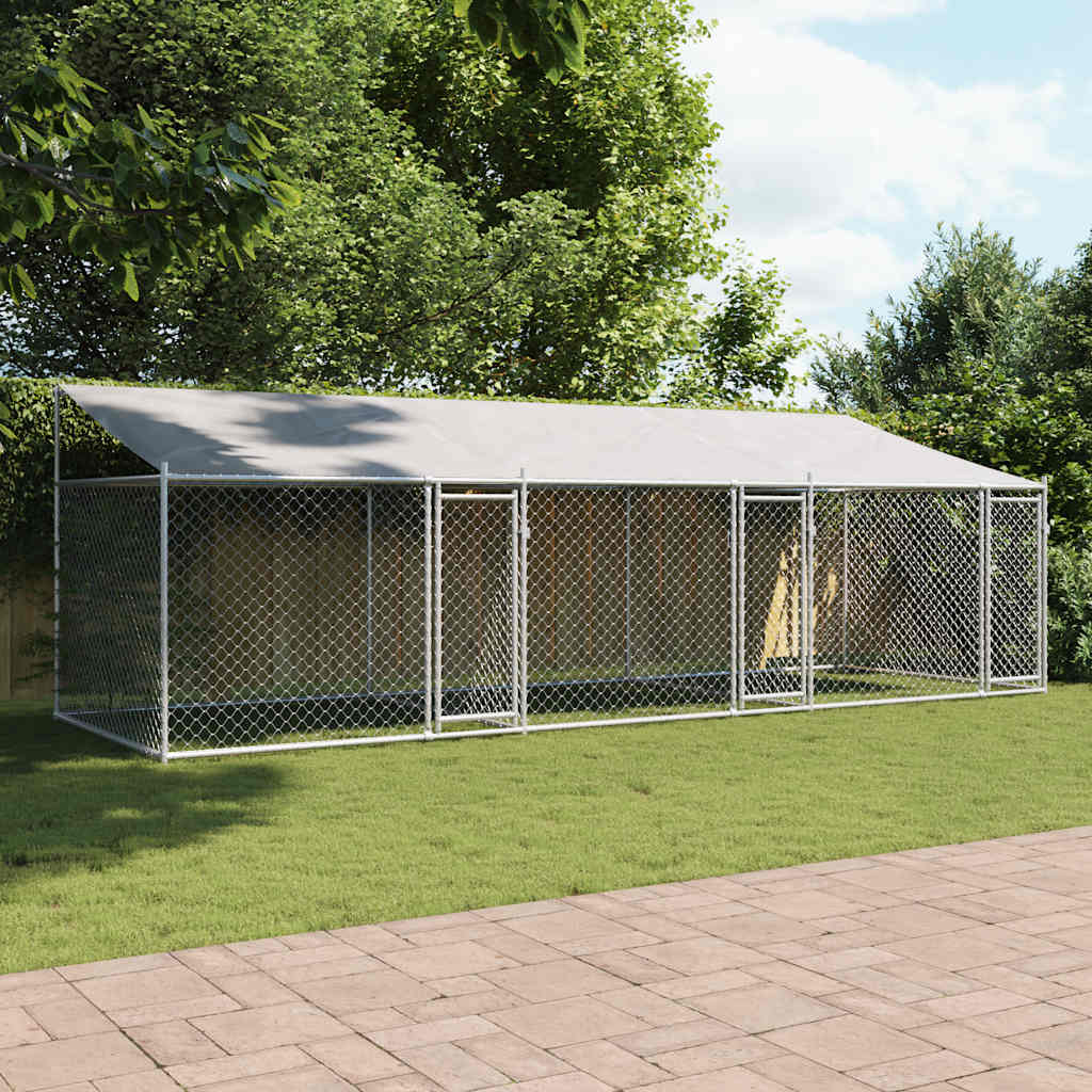 Klec pro psy se střechou a dvířky šedá 6x2x2 m pozinkovaná ocel