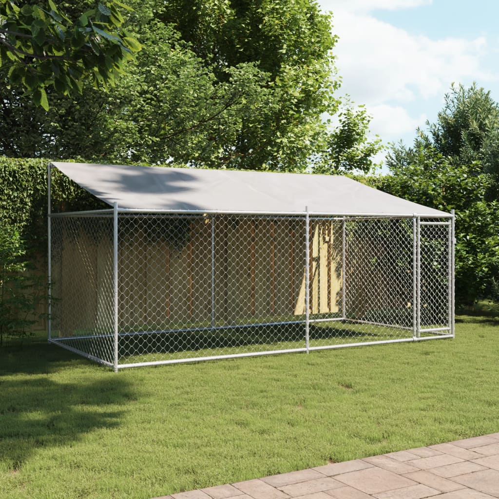 Klec pro psy se střechou a dvířky šedá 4x2x2 m pozinkovaná ocel