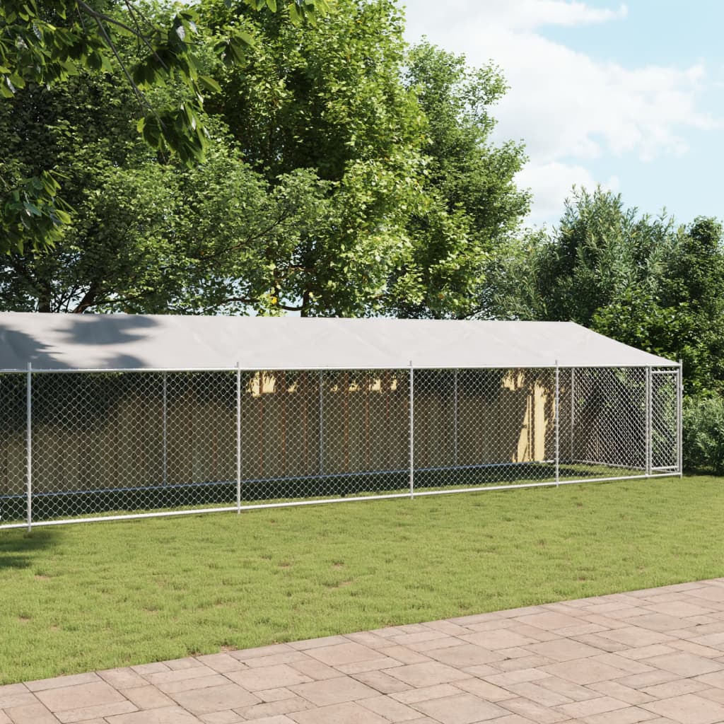 Klec pro psy se střechou a dvířky šedá 10x2x2m pozinkovaná ocel