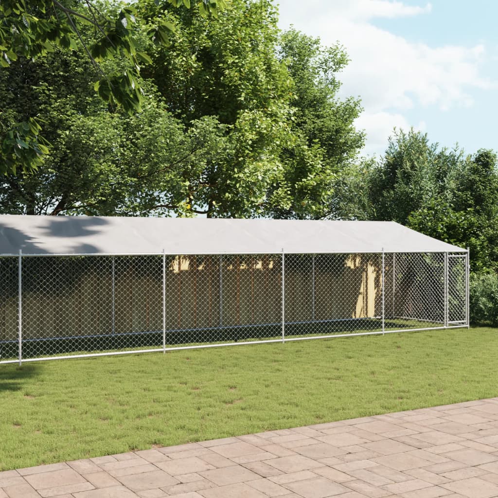 Klec pro psy se střechou a dvířky šedá 12x2x2m pozinkovaná ocel