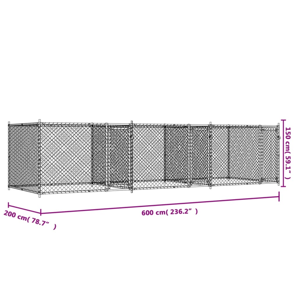 Klec pro psy s dvířky šedá 6 x 2 x 1,5 m pozinkovaná ocel