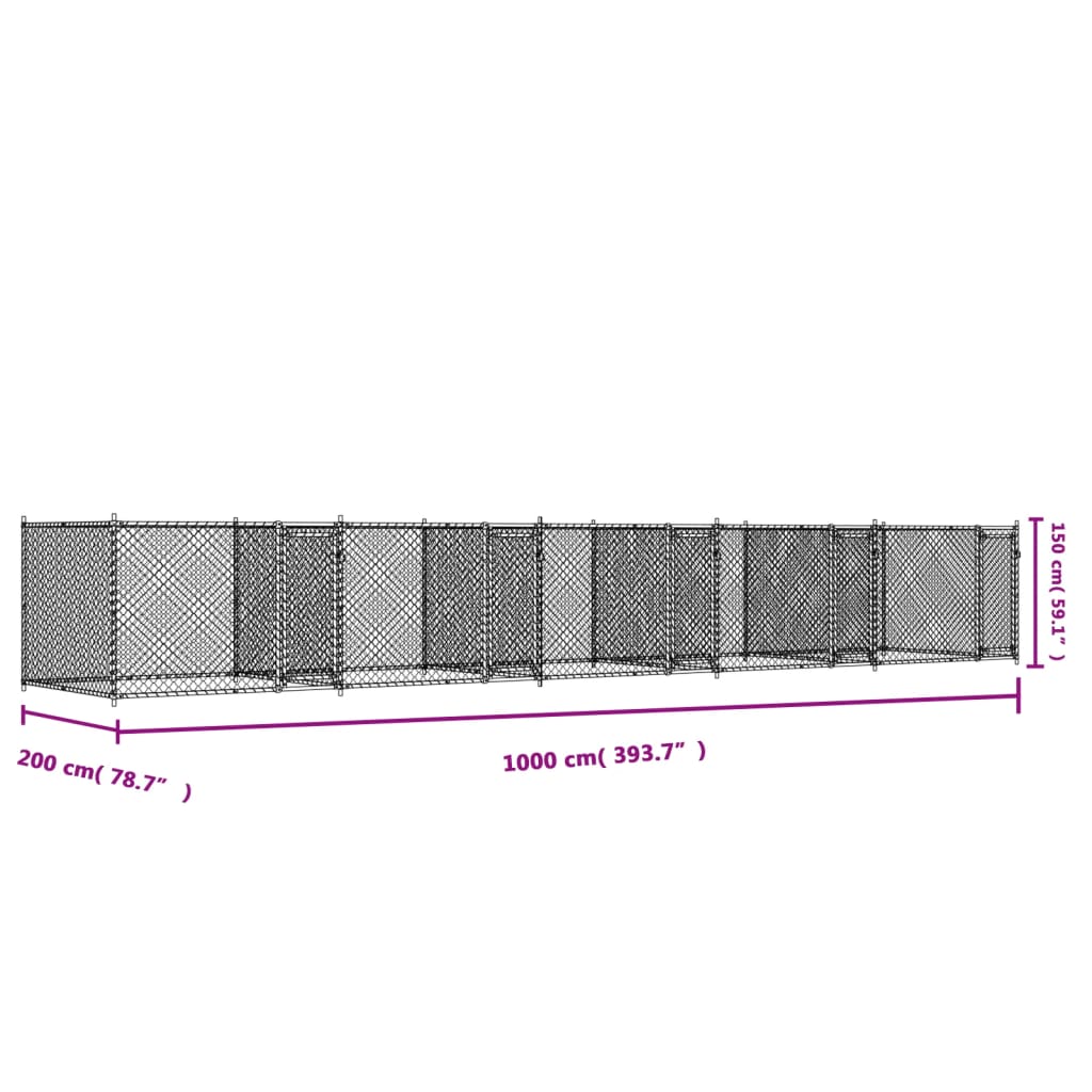 Klec pro psy s dvířky šedá 10 x 2 x 1,5 m pozinkovaná ocel