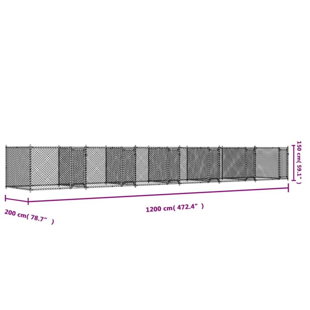 Klec pro psy s dvířky šedá 12 x 2 x 1,5 m pozinkovaná ocel