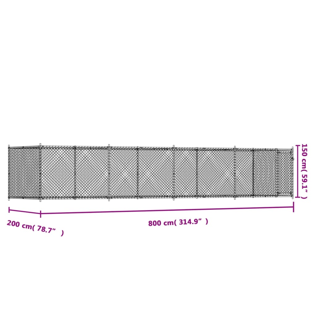Klec pro psy s dvířky šedá 8 x 2 x 1,5 m pozinkovaná ocel