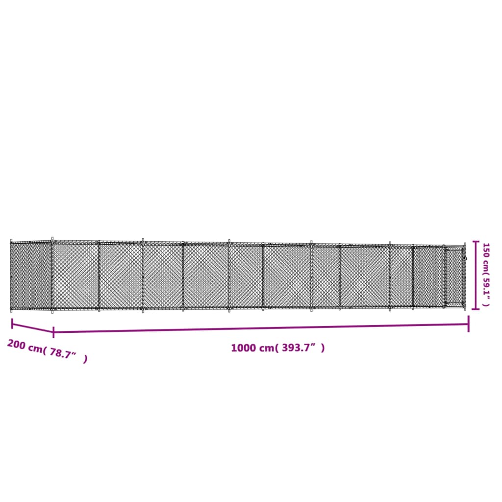 Klec pro psy s dvířky šedá 10 x 2 x 1,5 m pozinkovaná ocel