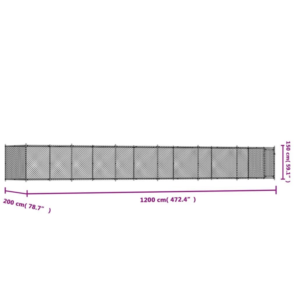 Klec pro psy s dvířky šedá 12 x 2 x 1,5 m pozinkovaná ocel