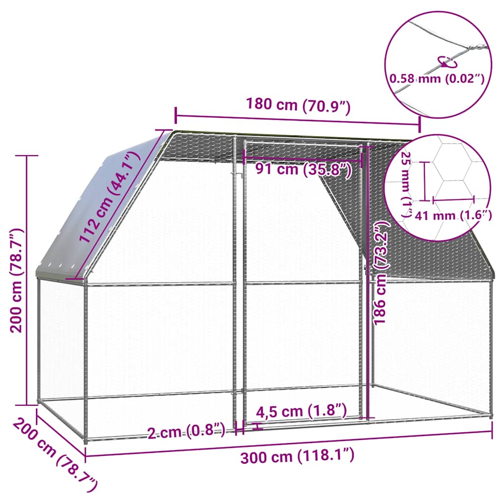 Klec pro kuřata stříbrná a šedá 3 x 2 x 2 m pozinkovaná ocel