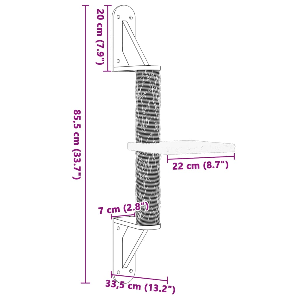 Nástěnné škrabadlo pro kočky se sloupkem světle šedé 85,5 cm