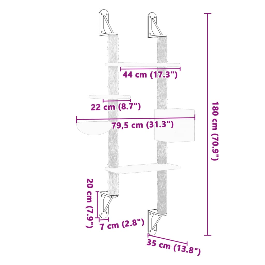 Nástěnné škrabadlo pro kočky se sloupkem světle šedé 180 cm