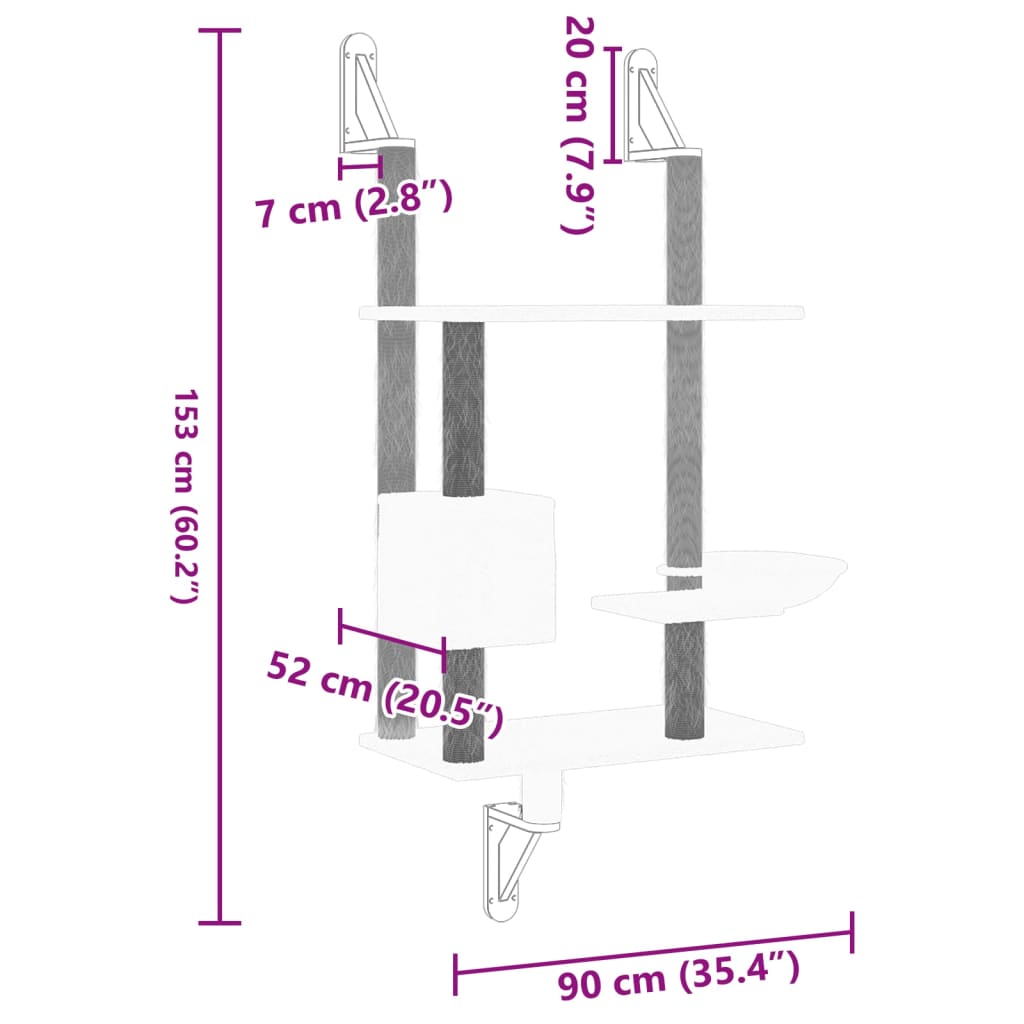 Nástěnné škrabadlo pro kočky se sloupkem světle šedé 153 cm