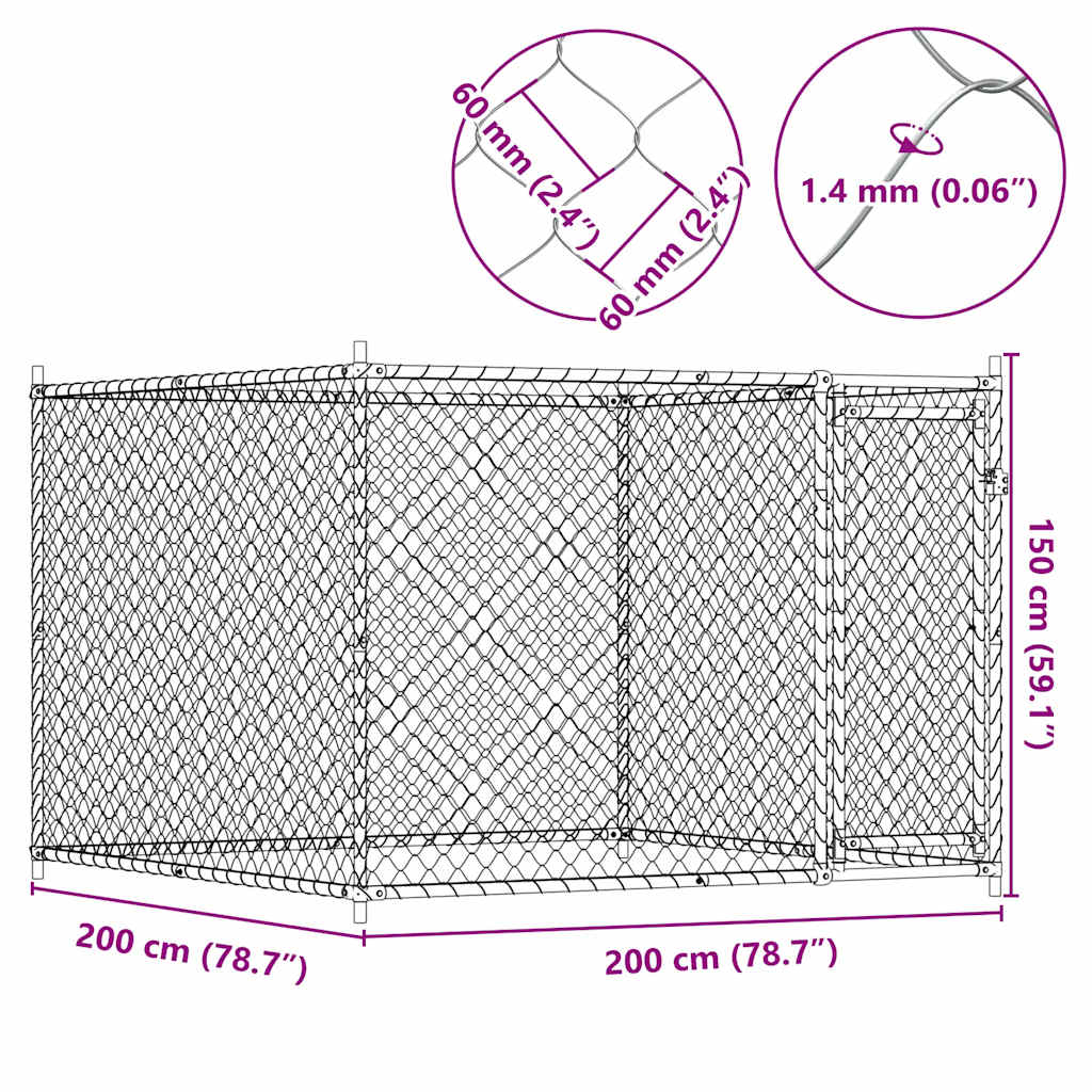 Klec pro psy s dvířky šedá 2 x 2 x 1,5 m pozinkovaná ocel