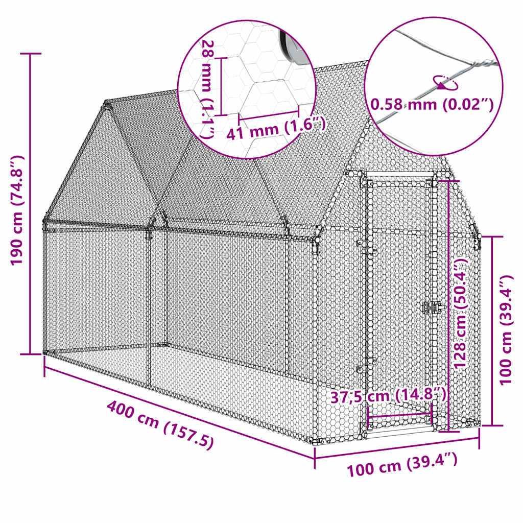 Klec pro kuřata stříbrná 400 x 100 x 190 cm pozinkovaná ocel