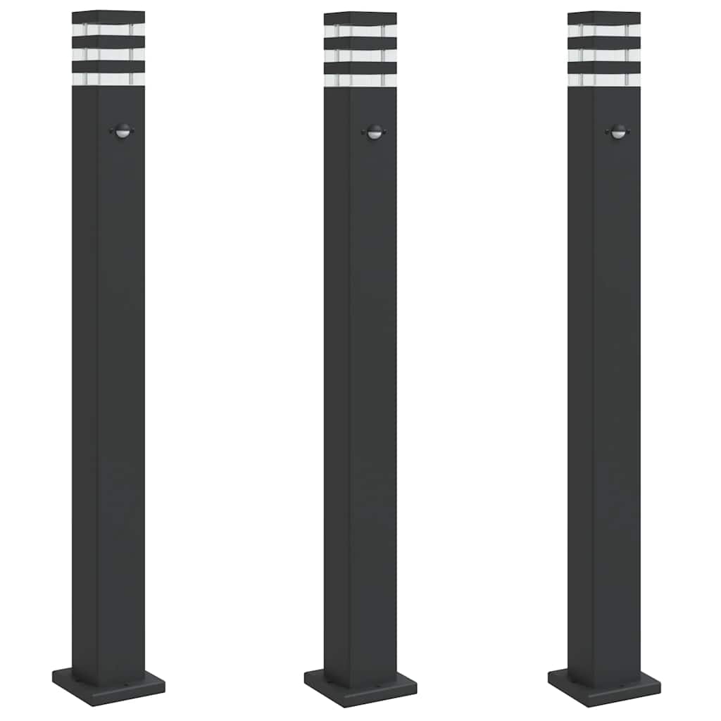 Venkovní stojací lampy s čidlem 3 ks černé 110 cm hliník