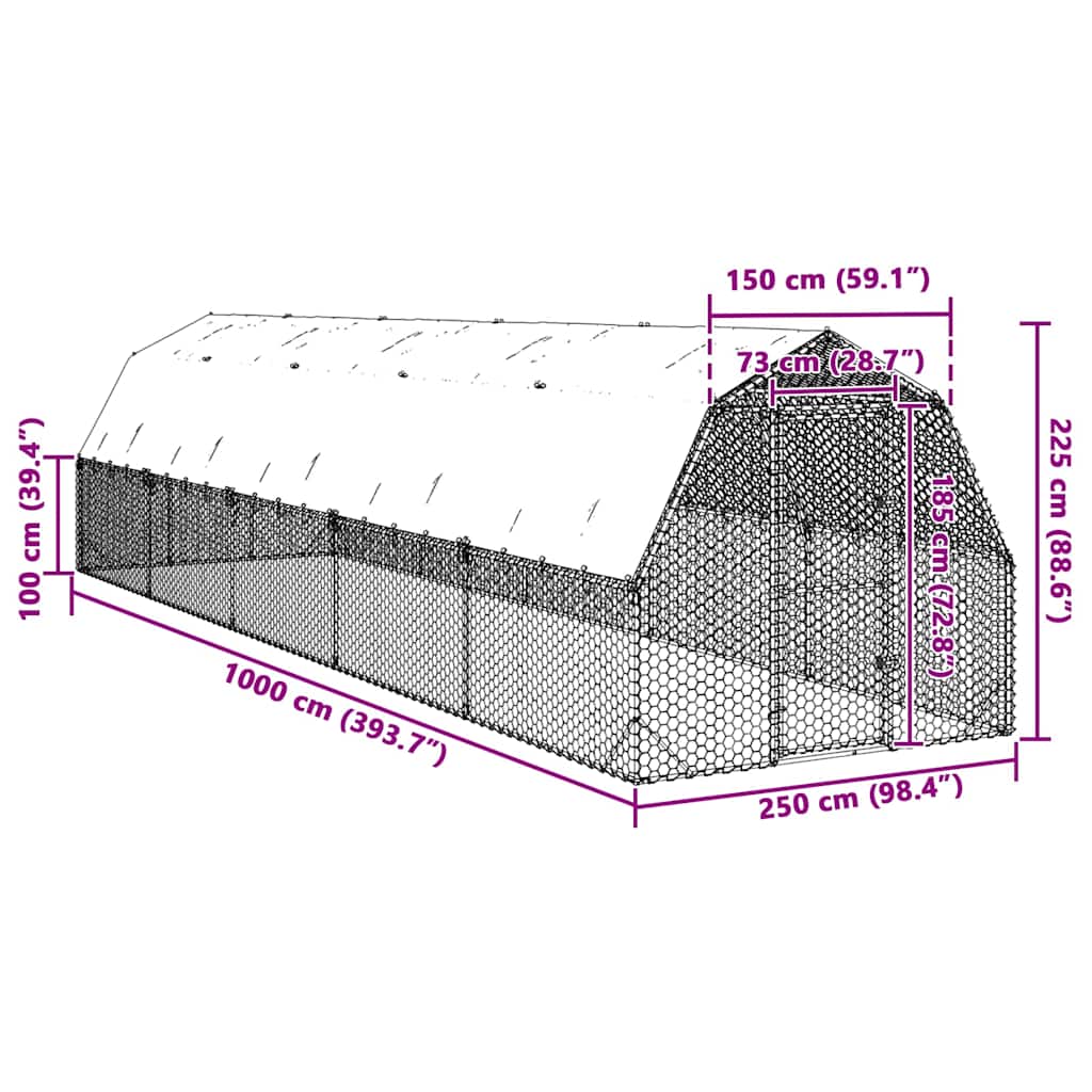 Výběh pro slepice se střechou 2,5x10x2,25 m pozinkovaná ocel