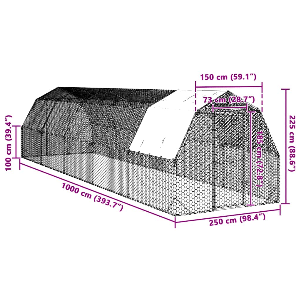 Výběh pro slepice se střechou 2,5x10x2,25 m pozinkovaná ocel