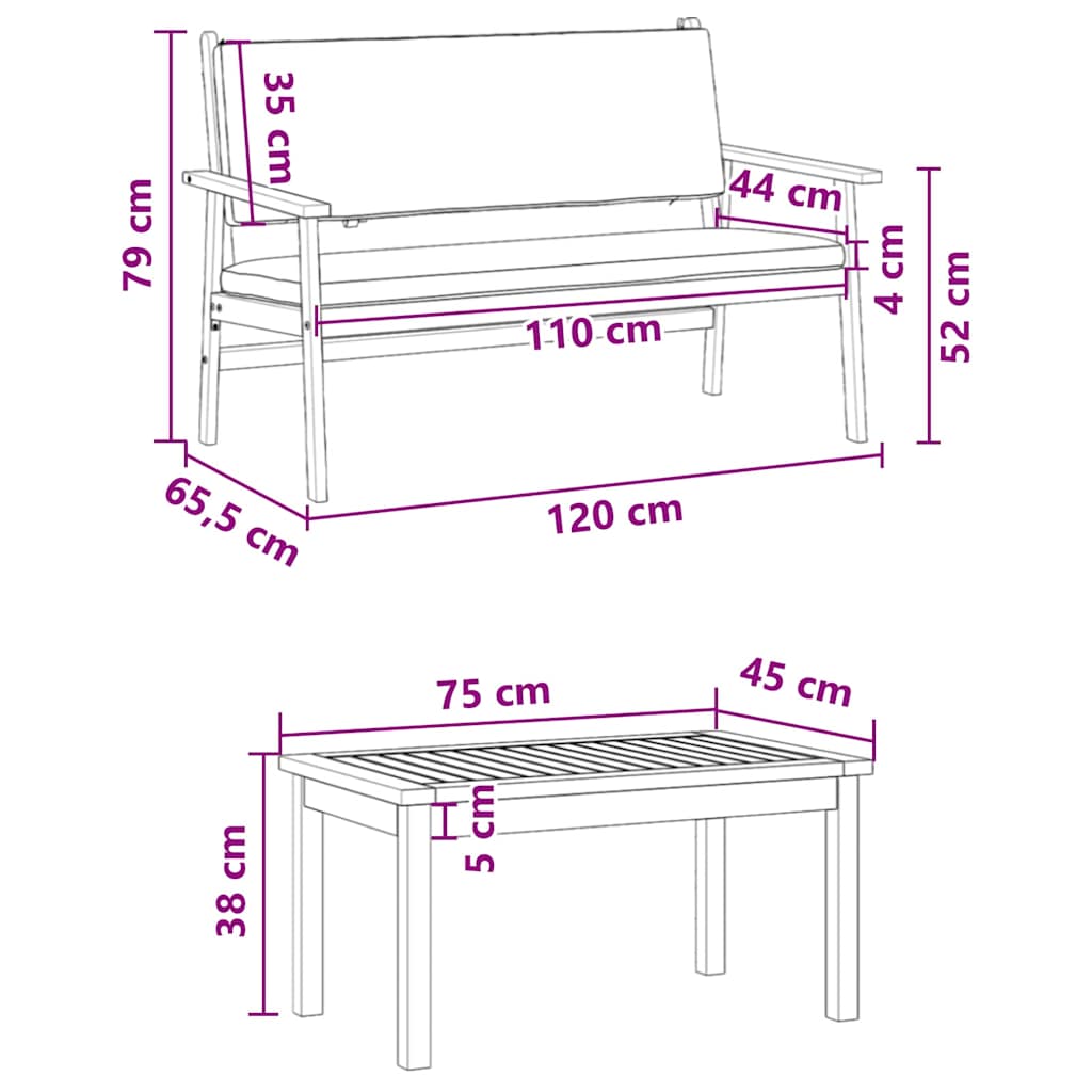 Sada zahradních pohovek s polštářem 3 pcs Hnědá 75 x 45 x 38cm