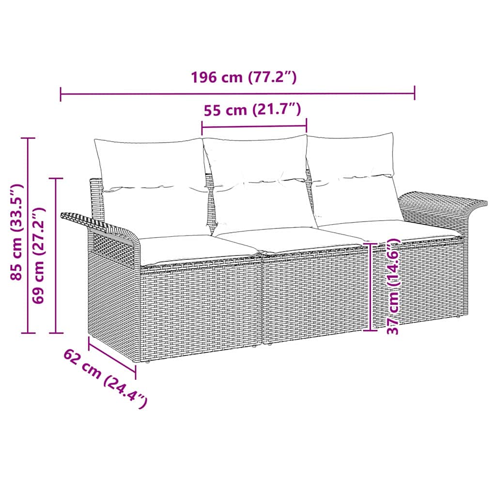 Sada zahradních pohovek 3 pcs Šedá 196 x 62 x 85 cm polyratan