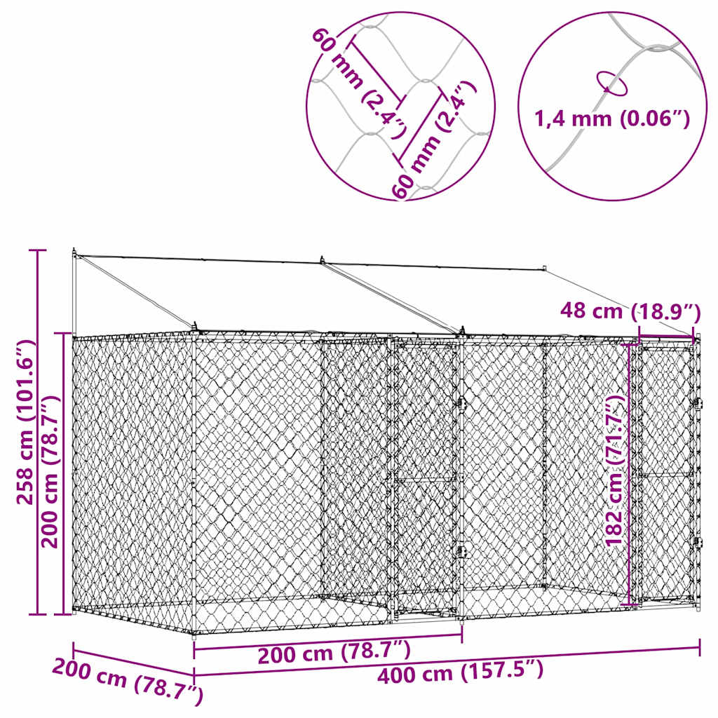 Klec pro psa Stříbrná 400 x 200 x 256 cm Pozinkovaná ocel
