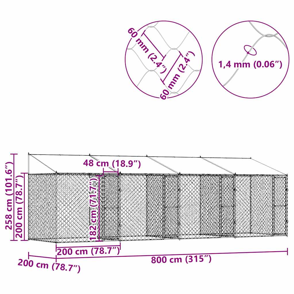 Klec pro psa Stříbrná 800 x 200 x 256 cm Pozinkovaná ocel