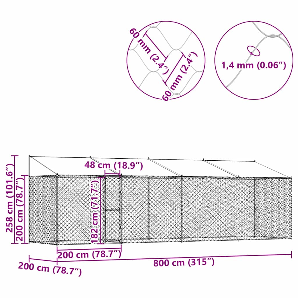 Klec pro psa Stříbrná 800 x 200 x 256 cm Pozinkovaná ocel