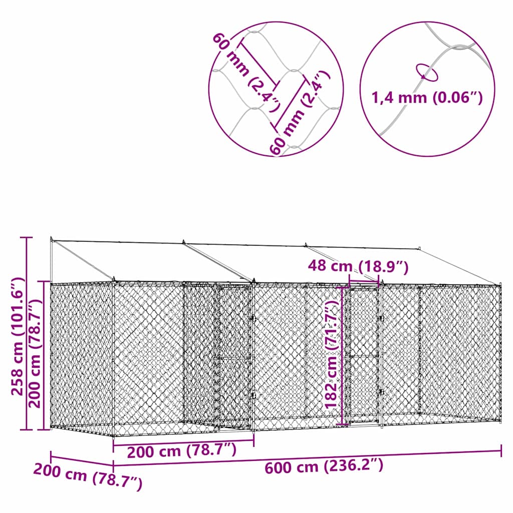 Klec pro psa Stříbrná 600 x 200 x 256 cm Pozinkovaná ocel