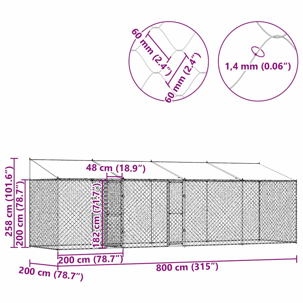 Klec pro psa Stříbrná 800 x 200 x 256 cm Pozinkovaná ocel