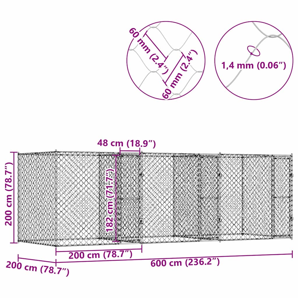Klec pro psa Stříbrná 600 x 200 x 200 cm Pozinkovaná ocel