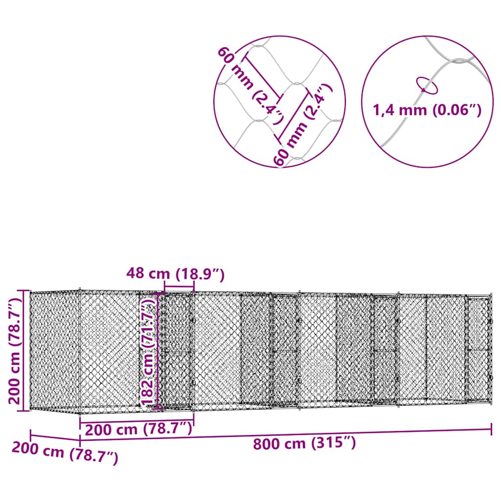 Klec pro psa Stříbrná 800 x 200 x 200 cm Pozinkovaná ocel